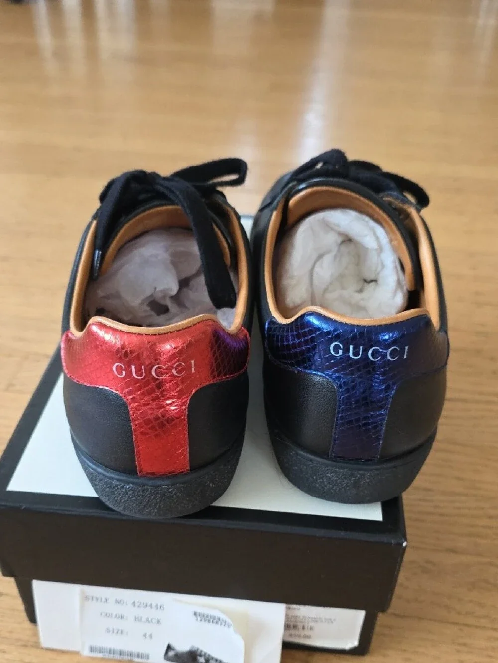 Gucci Black Leather Low-Top Sneakers with Red & Navy Web and Gold Bee